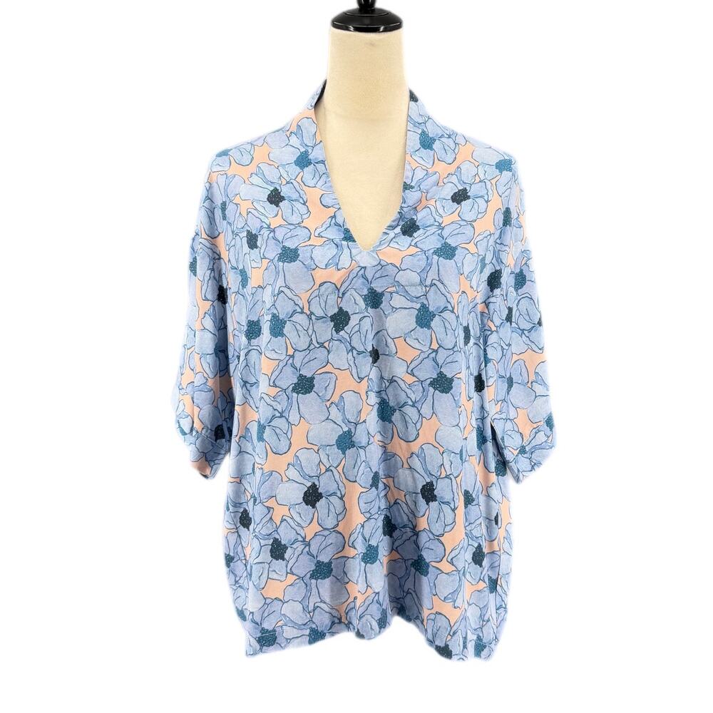 Brooke Wright Tan Blue Linen Cotton Relaxed Floral Boho Coastal Chic Blouse Top